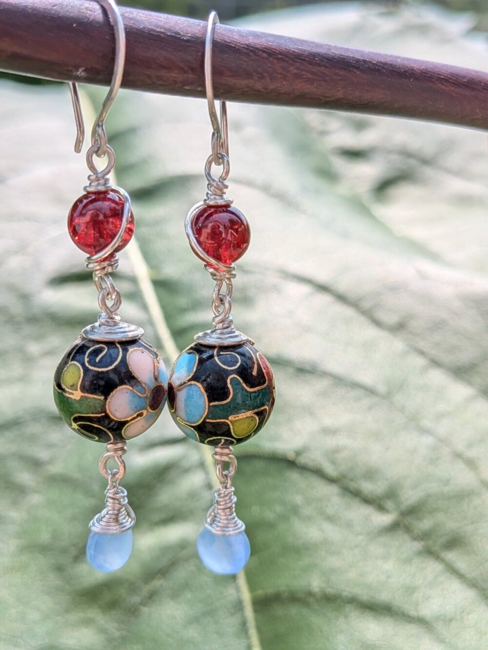 Vintage Cloisonne Earrings with Garnet and Chalcedony in Sterling Silver - Picture 10 of 14